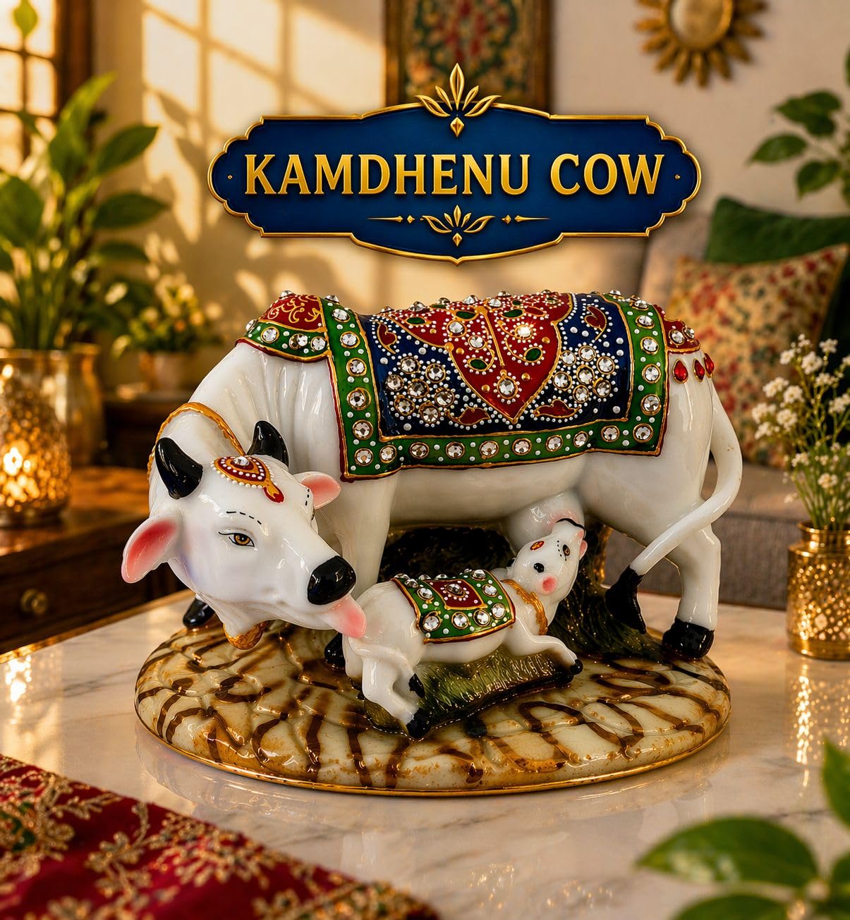 Hand-Painted Kamdhenu Cow & Calf Showpiece