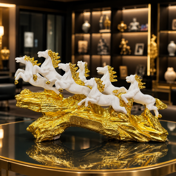 Elegant 7 Running Horses Sculpture with Gold Plating