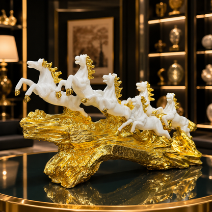 Elegant 7 Running Horses Sculpture with Gold Plating