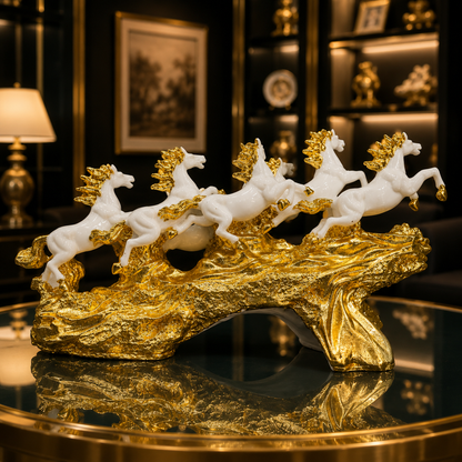 Elegant 7 Running Horses Sculpture with Gold Plating