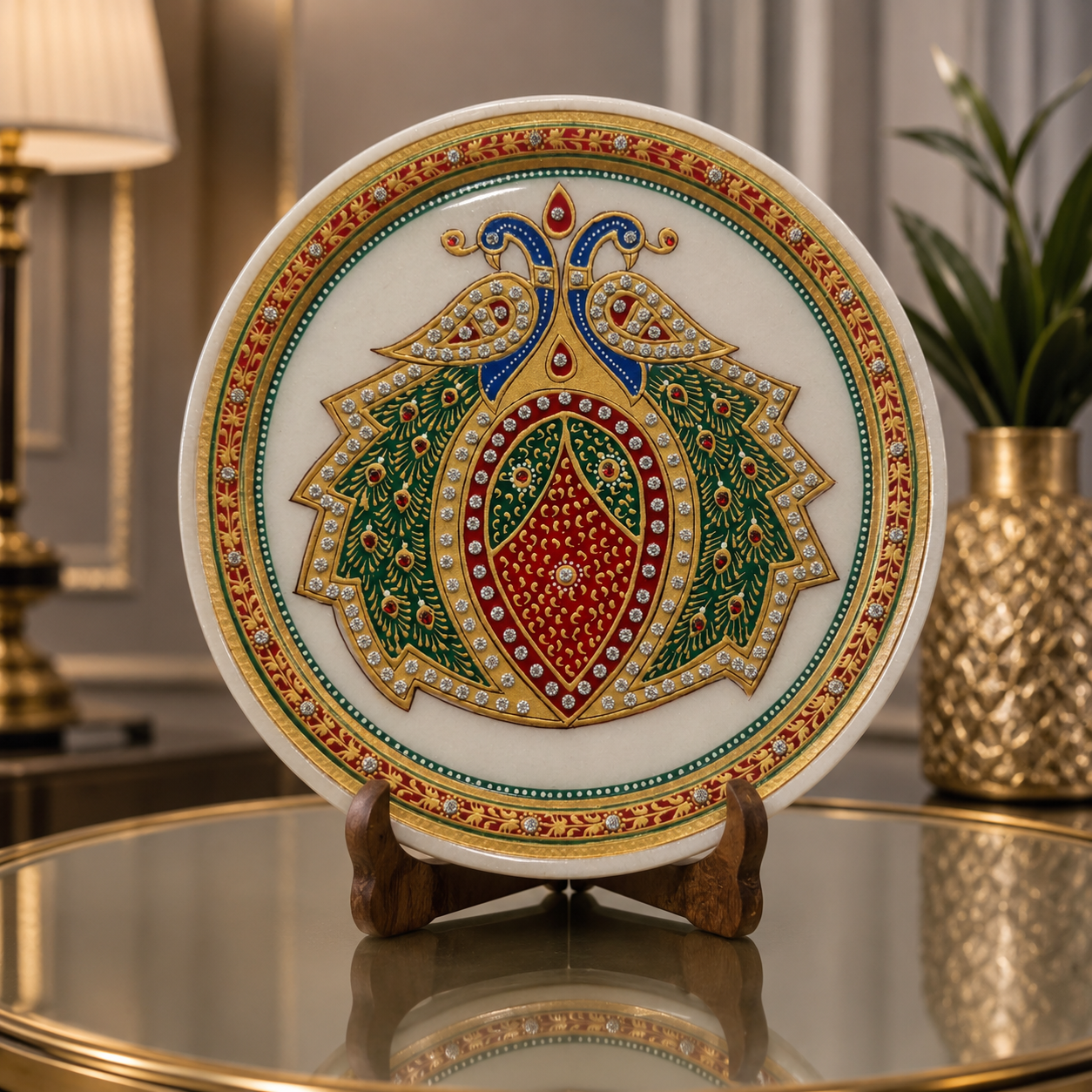 Marble Meenakari Peacock Artwork Plate
