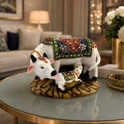 Hand-Painted Kamdhenu Cow & Calf Showpiece