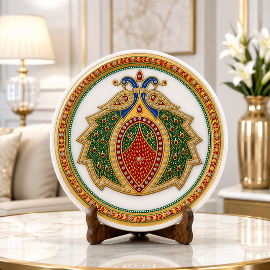 Marble Meenakari Peacock Artwork Plate