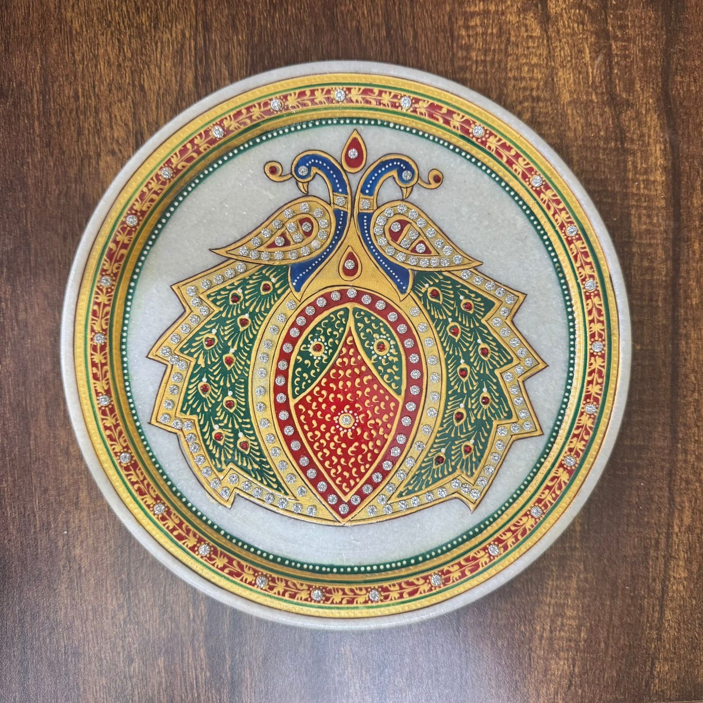 Marble Meenakari Peacock Artwork Plate