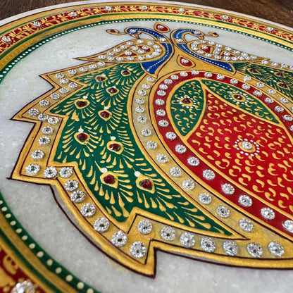 Marble Meenakari Peacock Artwork Plate