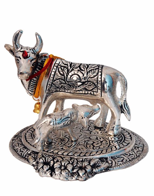 Kamdhenu Cow and Calf Figurine Silver Oxidised by rangoli mart